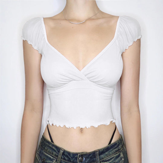 Damen Rüschentop mit weich fließendem Stoff und elegantem V-Ausschnitt R&B