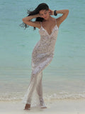 Damen Glitzerndes Strandkleid mit tiefem V-Ausschnitt und schmalen Spaghetti-Trägern EB