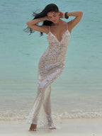 Damen Glitzerndes Strandkleid mit tiefem V-Ausschnitt und schmalen Spaghetti-Trägern EB