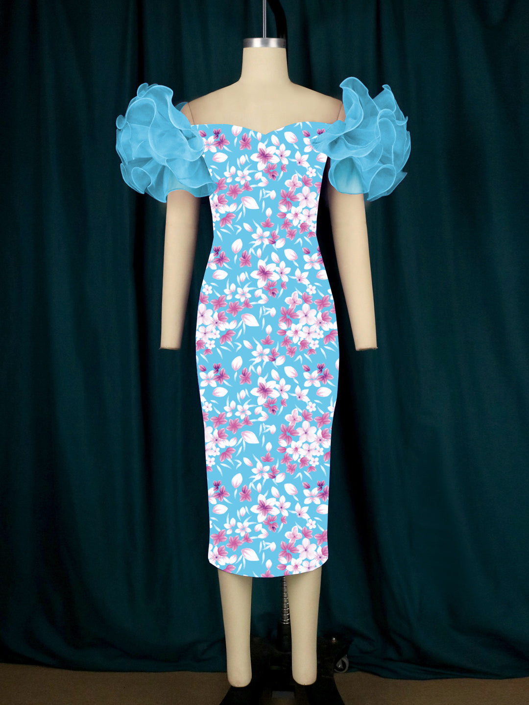 Damen Elegantes Midi-Kleid mit innovativen Puffärmeln und kunstvollem Druck R&B
