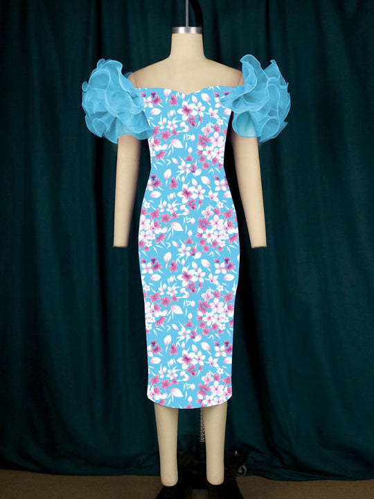 Damen Elegantes Midi-Kleid mit innovativen Puffärmeln und kunstvollem Druck R&B