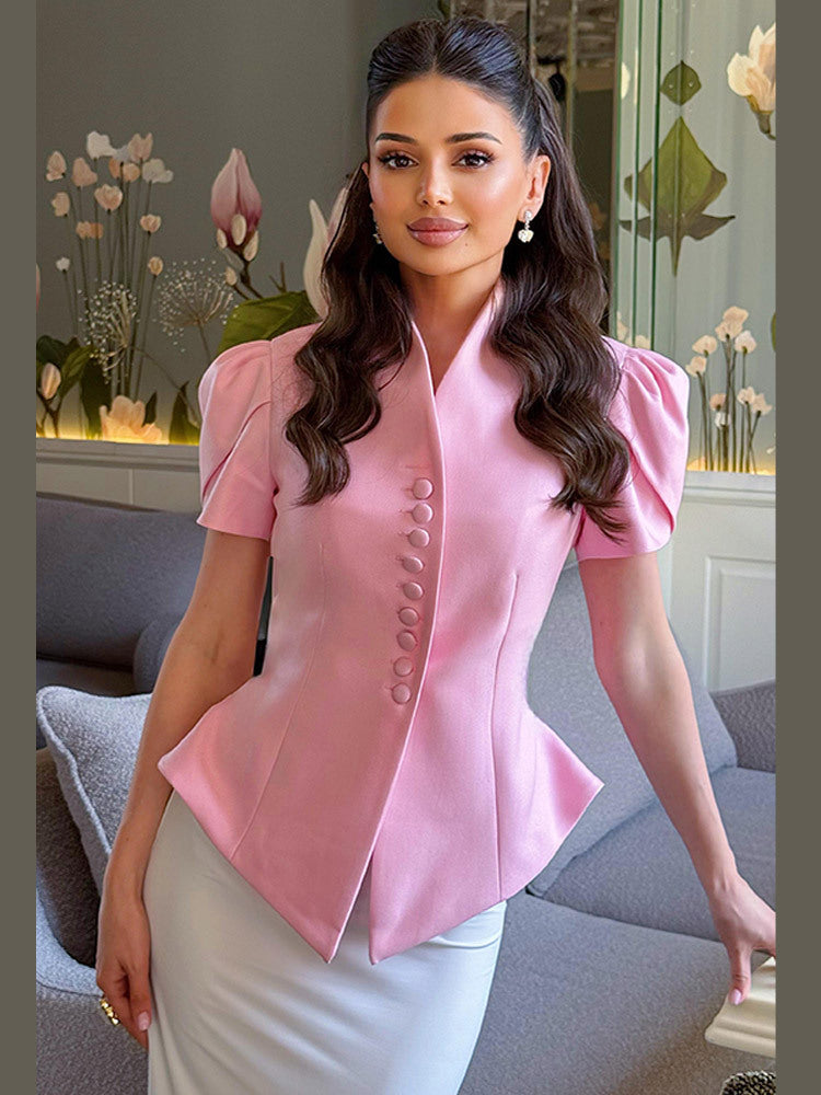 Damen elegante Designerbluse mit Puffärmeln und Knopfdetails R&B