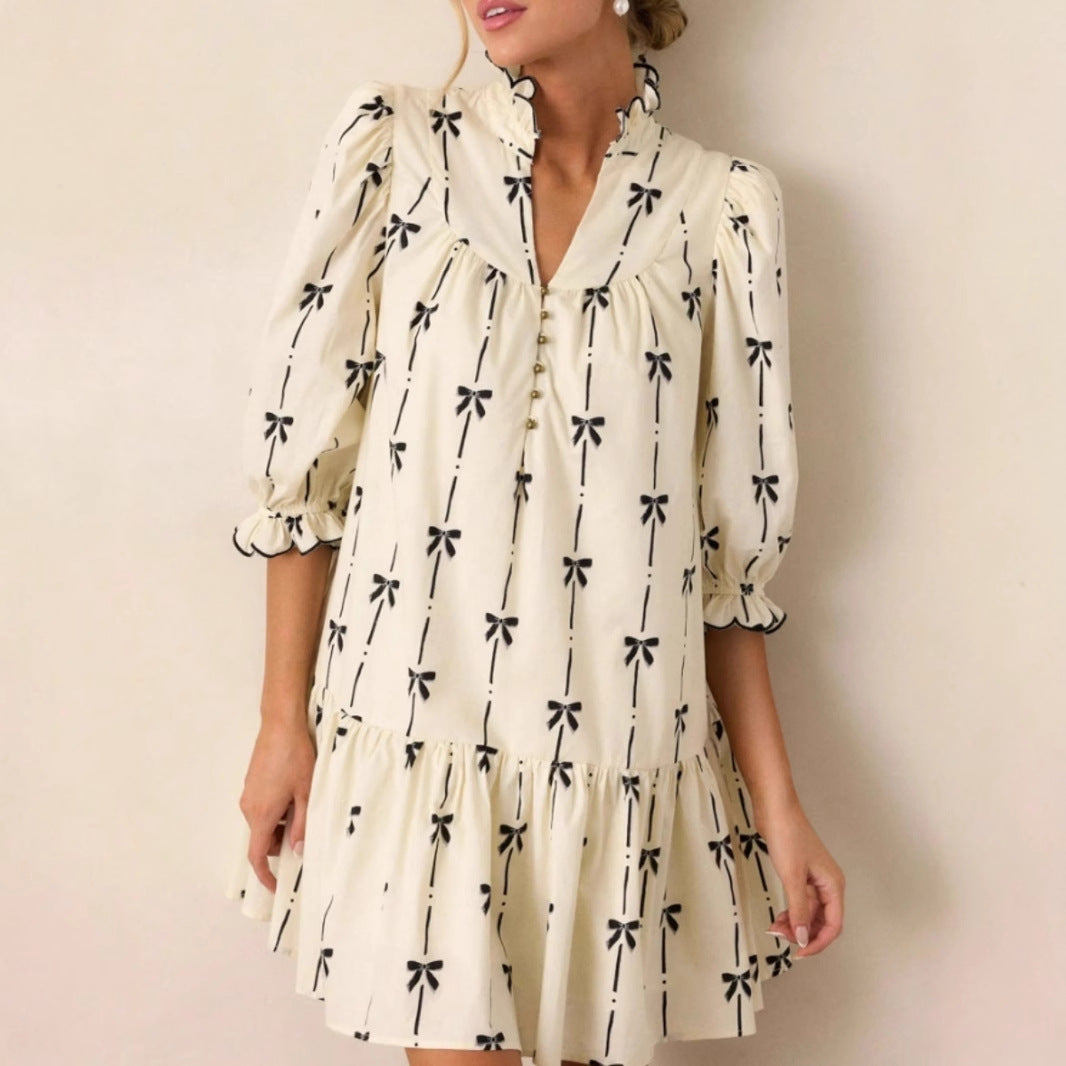 Damen luftiges Freizeitkleid mit Rüschen und zartem Schleifenprint R&B