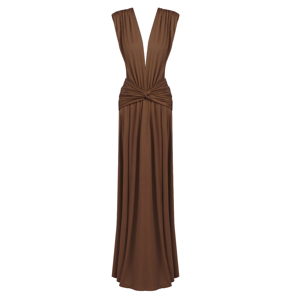 Damen elegantes Maxikleid mit tiefem V-Ausschnitt und drapiertem Bund R&B