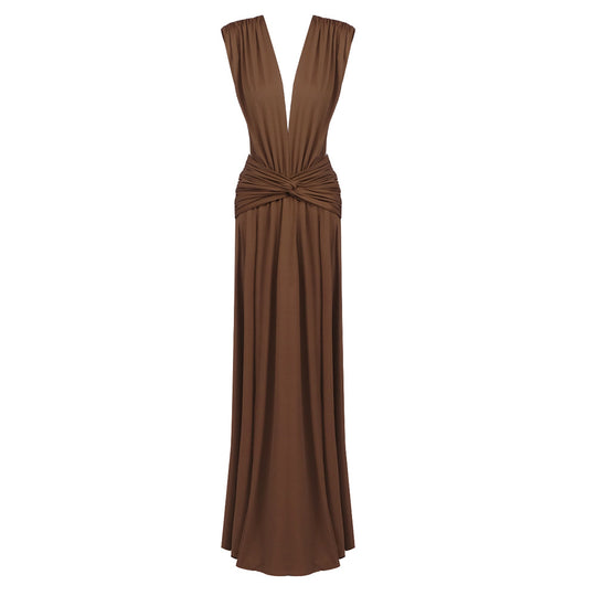 Damen elegantes Maxikleid mit tiefem V-Ausschnitt und drapiertem Bund R&B