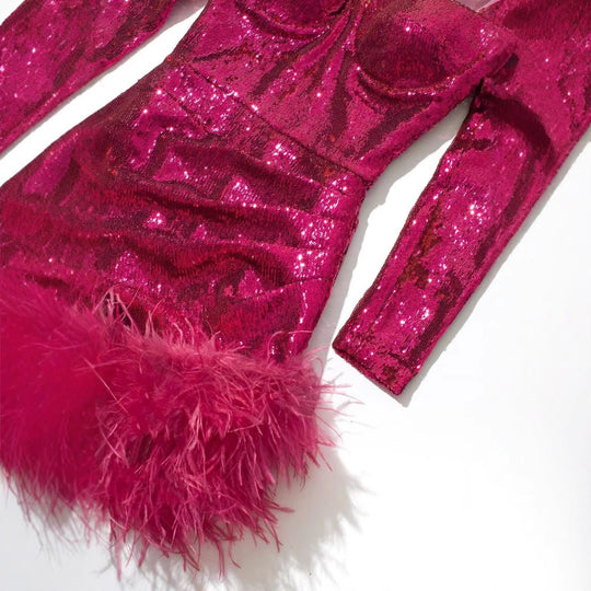 Damen Glitzerndes Cocktailkleid mit Puffärmeln und Federn R&B