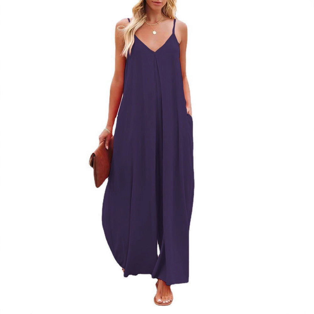 Damen Maxi-Jumpsuit mit elegantem V-Ausschnitt und seitlichen Taschen