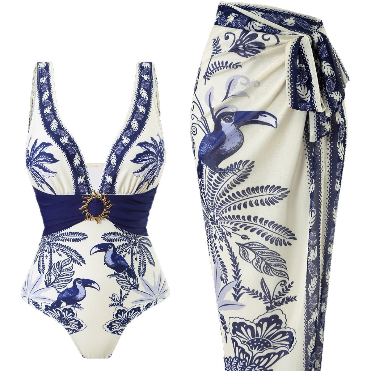 Damen Einteiliger Badeanzug mit floralem Design und elegantem Wickelrock R&B