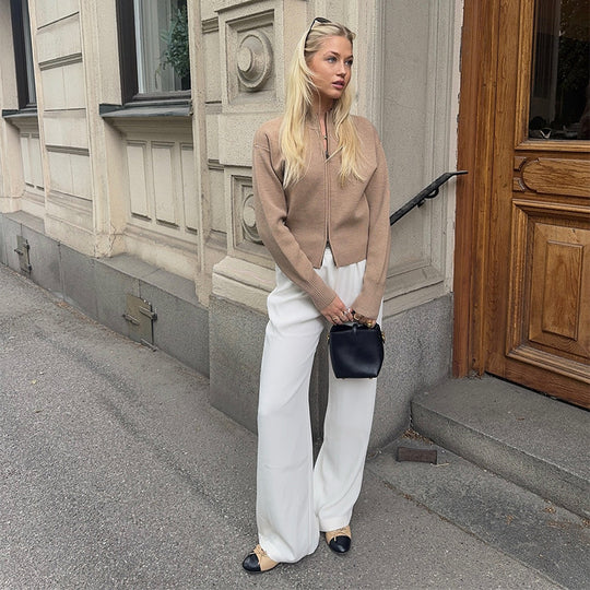 Damen Modischer Strickpullover mit Reißverschluss und weitem Schnitt R&B