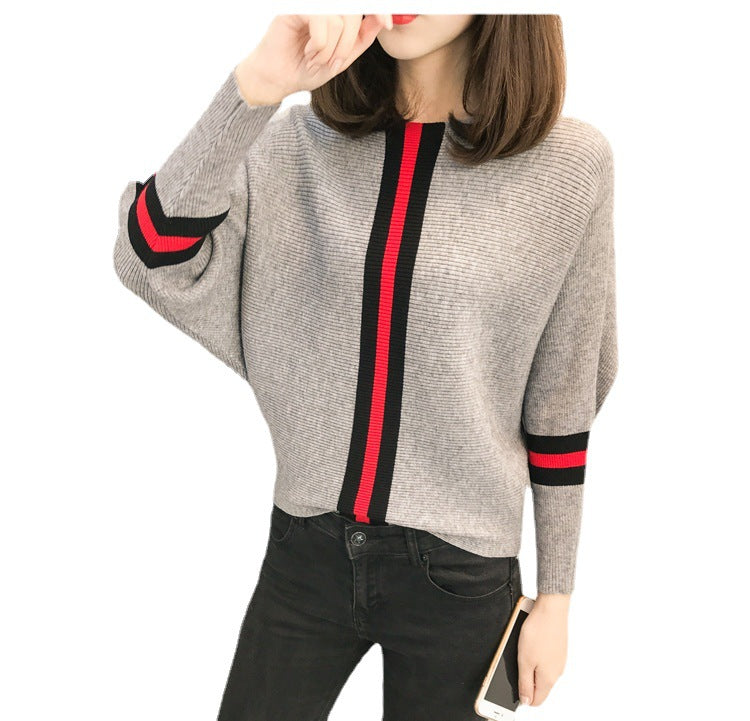Damen sportlicher Strickpullover mit breiten Ärmeln und kreativen Streifen R&B