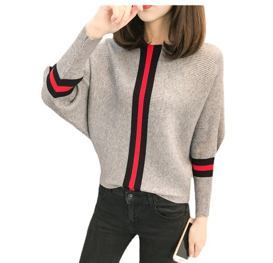 Damen sportlicher Strickpullover mit breiten Ärmeln und kreativen Streifen R&B