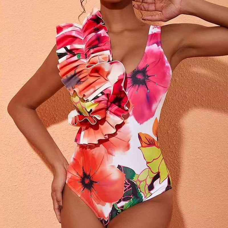 Damen Einseitiger Badeanzug mit Rüschendetail und asymmetrischem Rock R&B