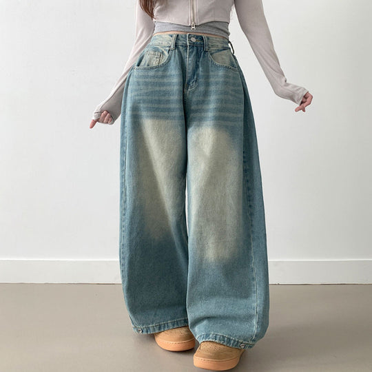 Damen Weite High-Waist Denim-Hose mit Faltenwurf R&B