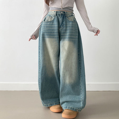 Damen Weite High-Waist Denim-Hose mit Faltenwurf R&B