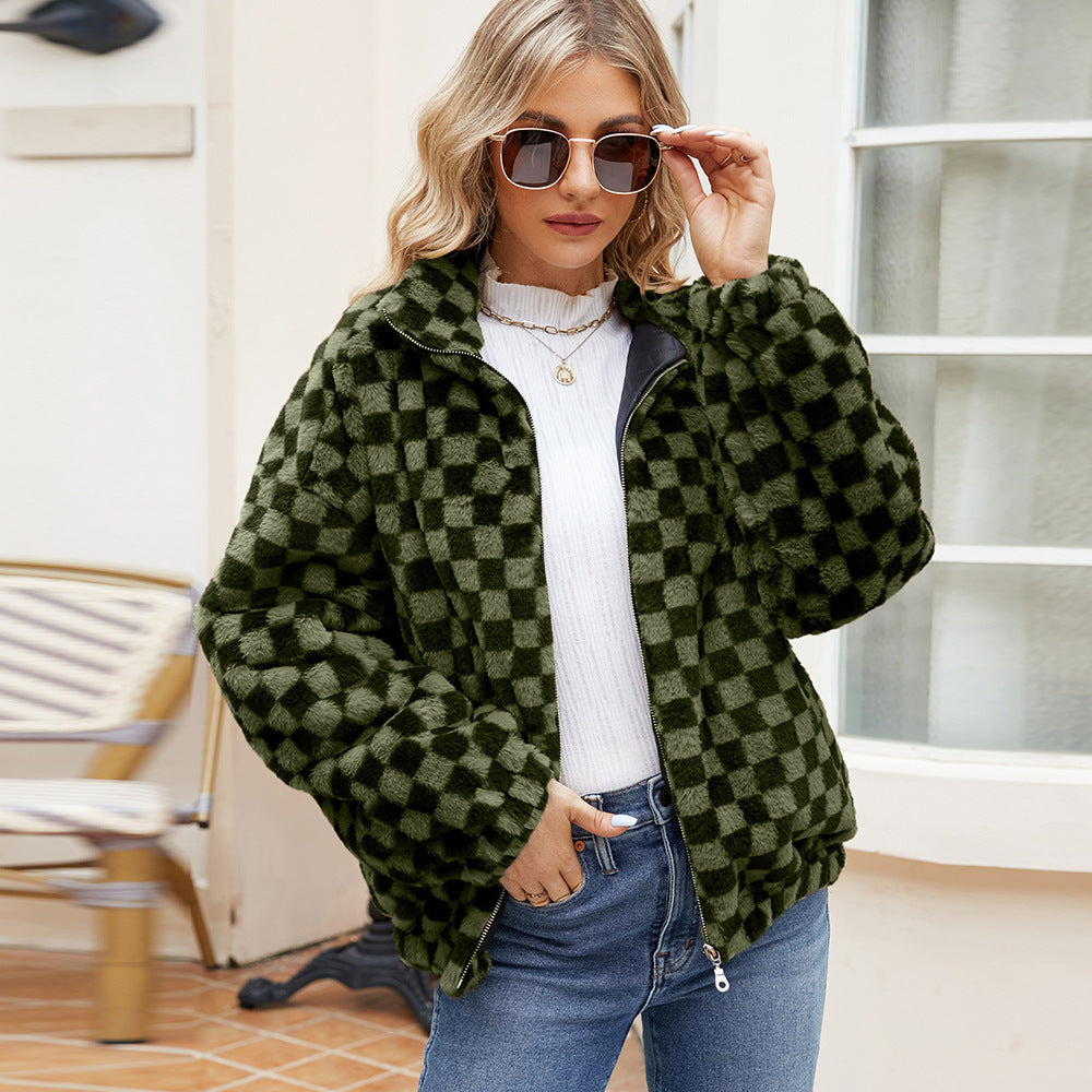 Damen Fleecejacke mit modernem Karomuster und hohem Kragen R&B
