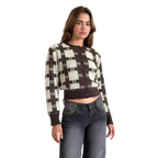 Damen cropped Strickjacke mit modernem Karomuster und knöpfbarem Design R&B