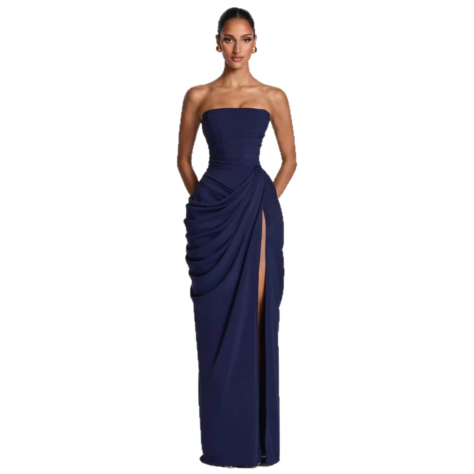 Damen Elegantes Bandeau Abendkleid mit Raffungen und Beinschlitz R&B