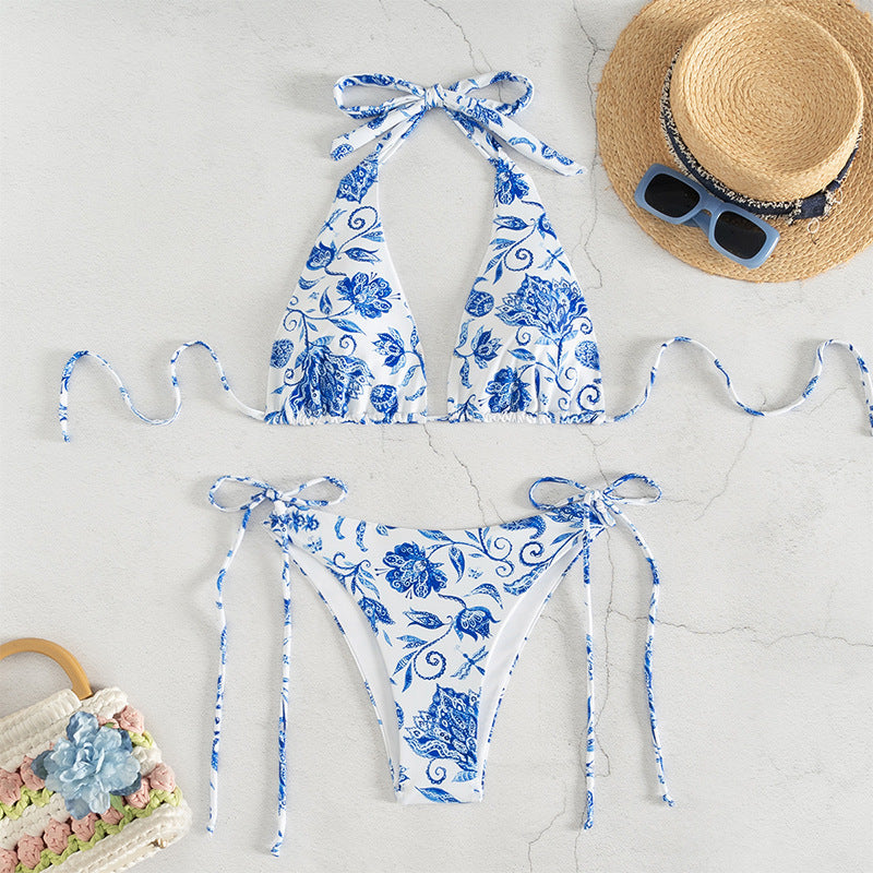 Damen Triangel-Bikini mit floralem Design und verstellbaren BindR&Bändern R&B