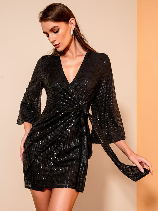 Damen Glitzerndes Wickelkleid mit langen Ärmeln und hohe Beinschlitz R&B