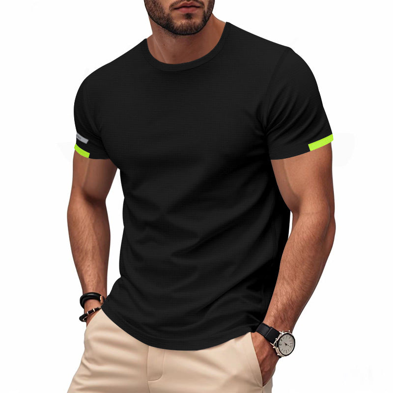 Herren nan athletisches Funktions-T-Shirt mit Rundhalsausschnitt, körpernahem Stretchschnitt und kontrastierendem Ärmelsaum R&B