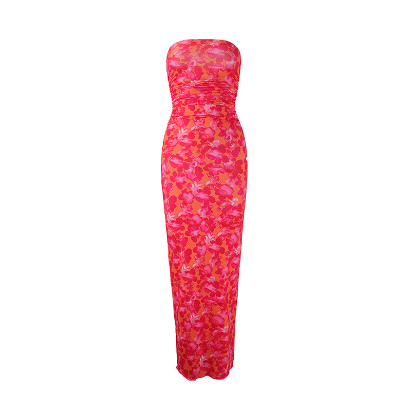 Damen elegantes, trägerloses Maxikleid mit raffiniertem Mustermix R&B