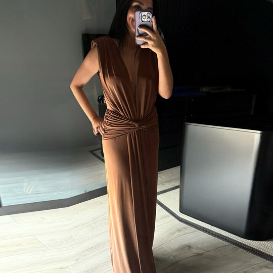 Damen elegantes Maxikleid mit tiefem V-Ausschnitt und drapiertem Bund R&B
