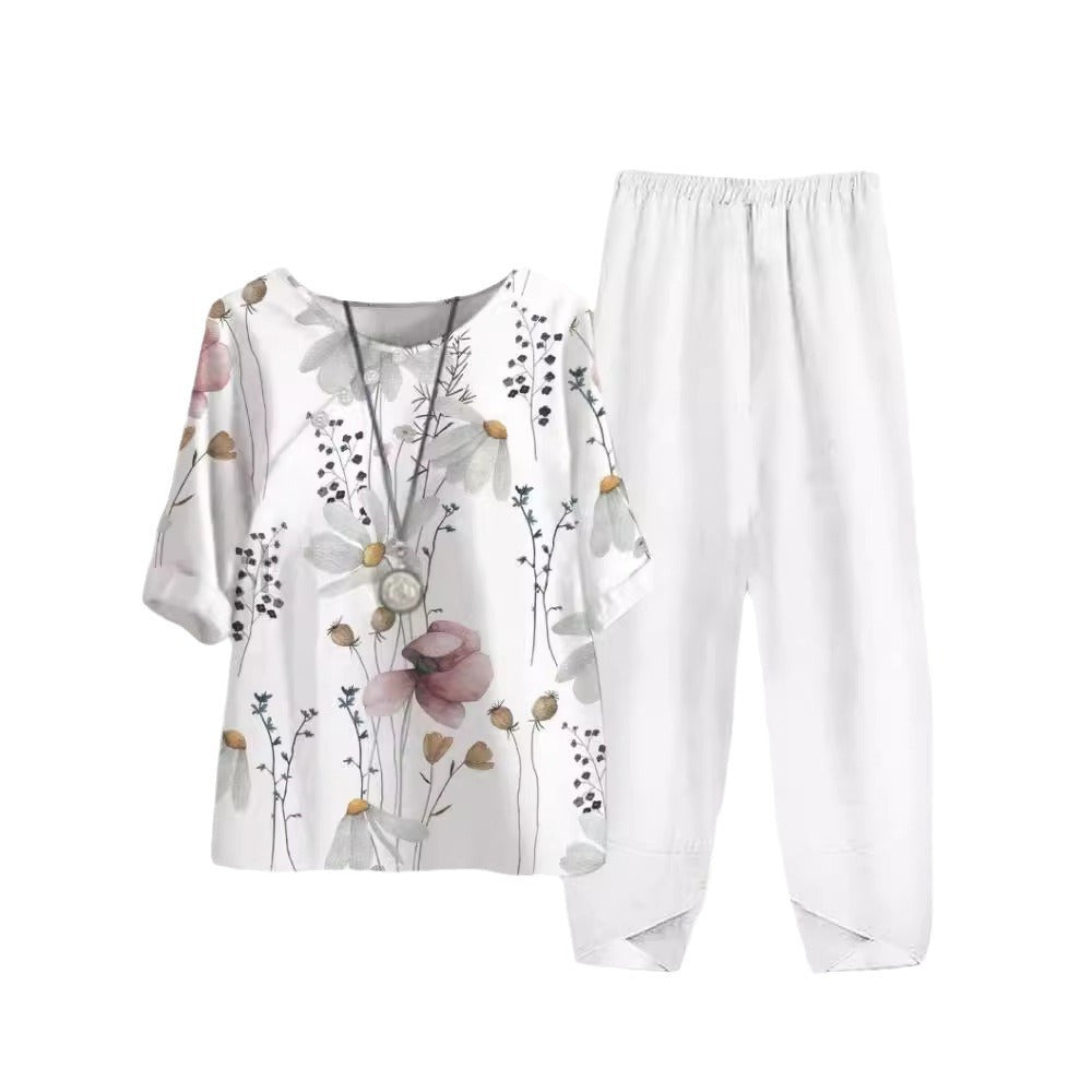Damen Freizeit Oberteil mit floralem Muster und bequemer Hose R&B