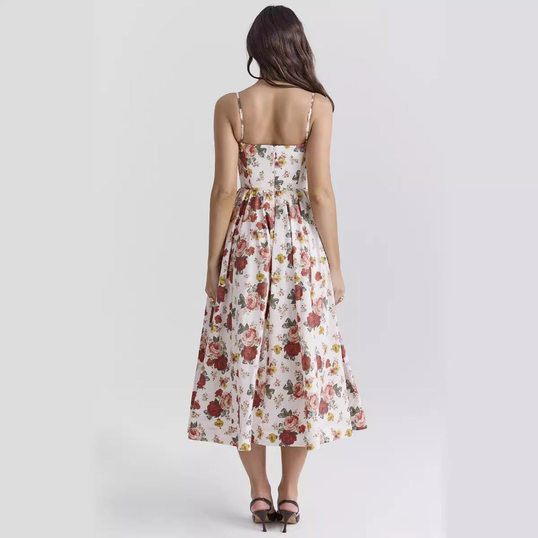 Damen Midi-Blumenkleid mit trägerlosem Stil und schwingendem Rock R&B
