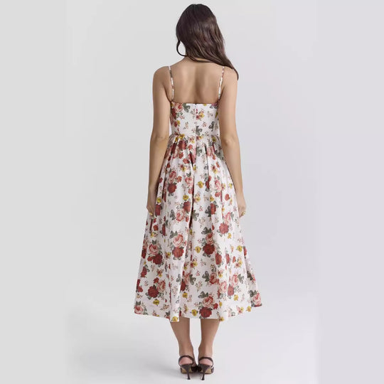 Damen Midi-Blumenkleid mit trägerlosem Stil und schwingendem Rock R&B