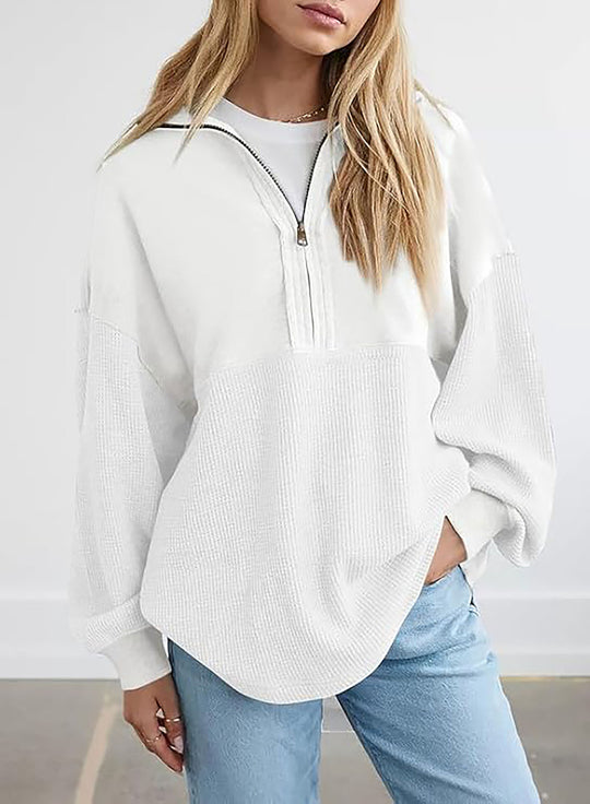Damen lässiger Kapuzenpullover mit halblangem Reißverschluss und strukturiertem Material R&B