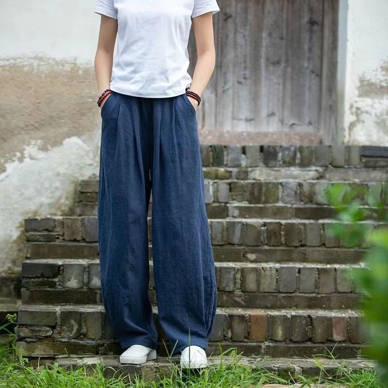 Damen weite Leinenhose mit elastischem Bund und seitlichen Taschen R&B