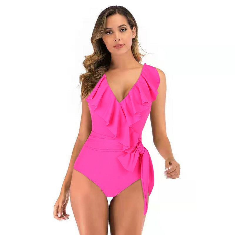 Damen Einteiliger Badeanzug mit raffinierten Rüschendetails und eleganter Schleife R&B