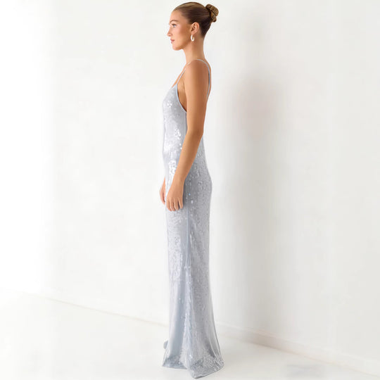 Damen Glamouröses Pailletten-Maxikleid mit schmalem Schnitt und feinen Spaghettiträgern R&B