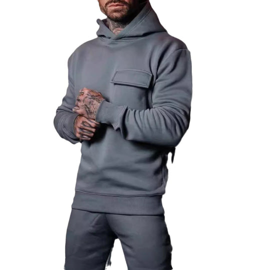 Herren nan athletischer Kapuzenpullover mit aufgesetzter Klappentasche aus schwerer French-Terry R&B