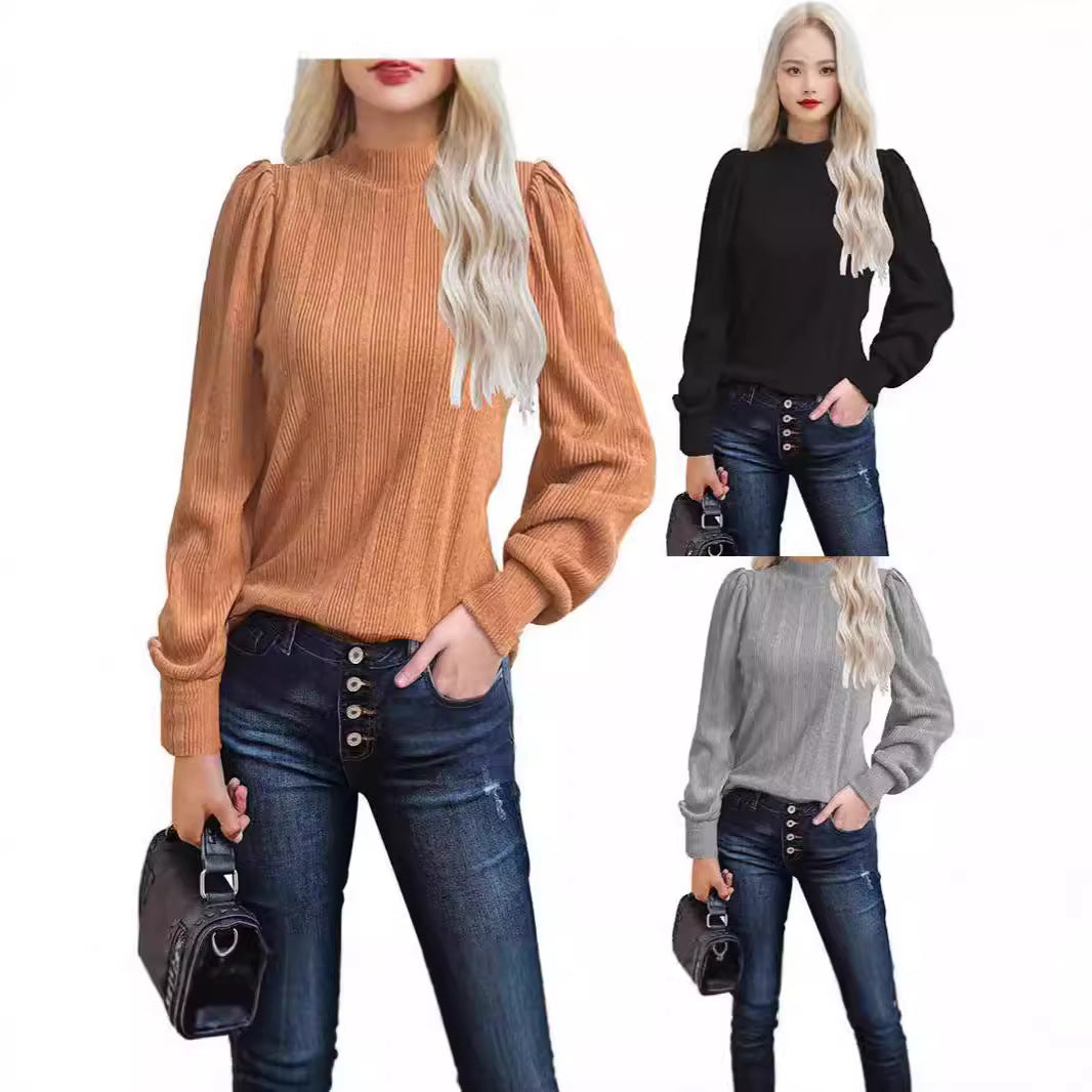 Damen trendiger Pullover mit schmalem Stehkragen und Puffärmeln R&B