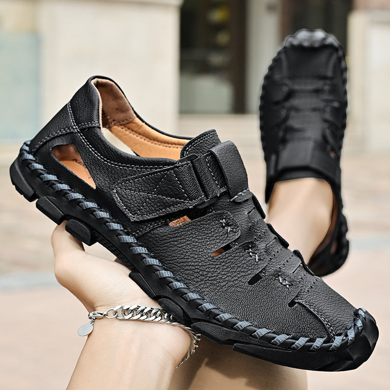 Herren Bequeme Leder-Sandalen mit verstellbarem Klettverschluss R&B