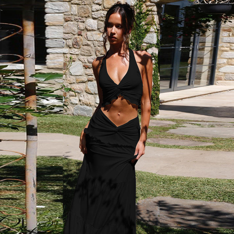 Damen Zweiteiliges Sommerkleid mit raffiniertem Oberteil und fließendem Rock R&B