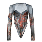 Damen Transparente Bodys mit kunstvollem Print R&B
