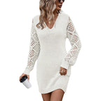 Damen Strickkleid mit V-Ausschnitt und luftigen Häkelärmeln R&B