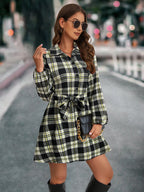 Damen Karohemdkleid mit Bindegürtel und langen Ärmeln R&B