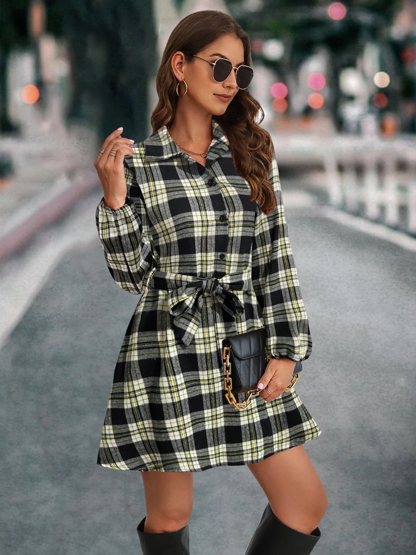 Damen Karohemdkleid mit Bindegürtel und langen Ärmeln R&B