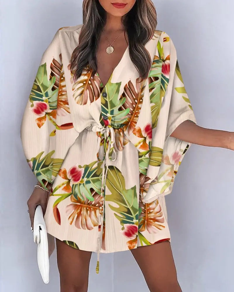Damen angehendes Strandkleid mit eleganter Taillenbindung und einzigartigem Muster R&B