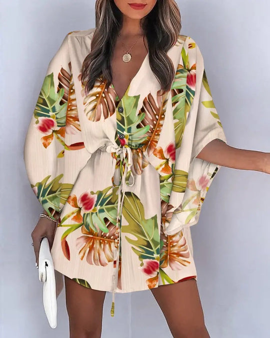 Damen angehendes Strandkleid mit eleganter Taillenbindung und einzigartigem Muster R&B