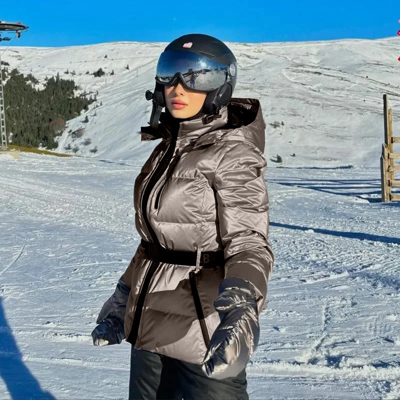 Damen warme Steppjacke mit abnehmbarer Kapuze und Taillengürtel R&B