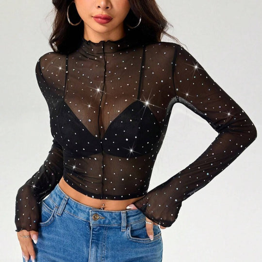 Damen Sexy Crop-Top aus transparentem Netz mit funkelnden Akzenten R&B