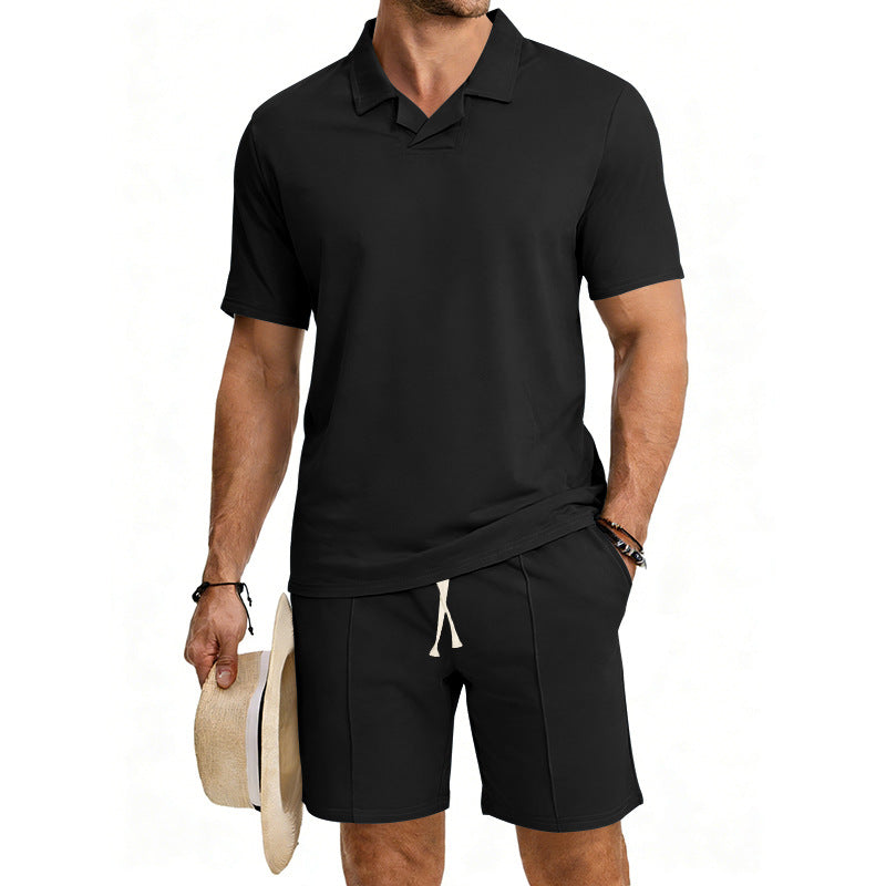 Herren nan kurzärmeliges Polo-Lounge-Set mit V-Einsatz am Kragen und Kordelzug-Bermuda R&B