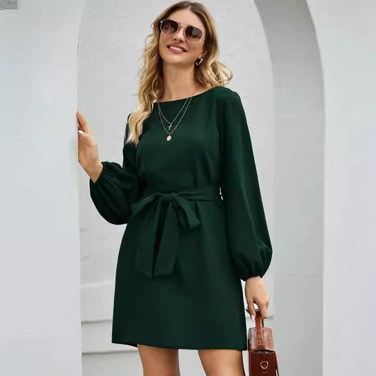 Damen Elegantes Kleid mit Ballonärmeln und Taillengürtel R&B