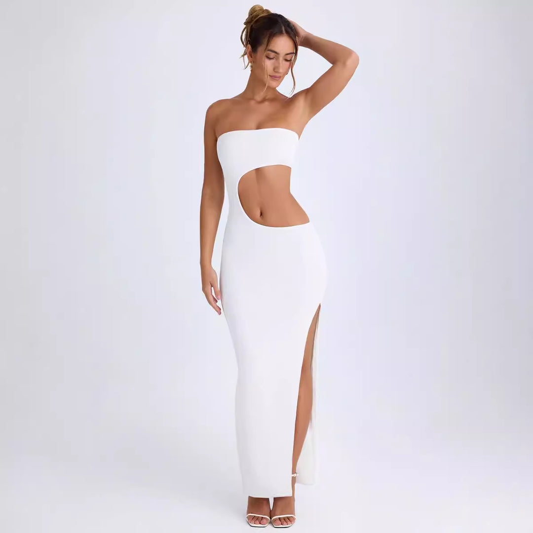 Damen Elegantes Cut-Out Maxikleid mit Schulterfreiem Design und Hohem Schlitz R&B