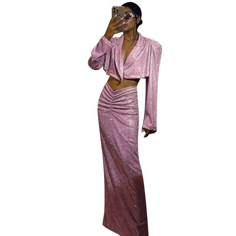 Damen Glitzerndes Crop-Oberteil und Wickelrock Set R&B