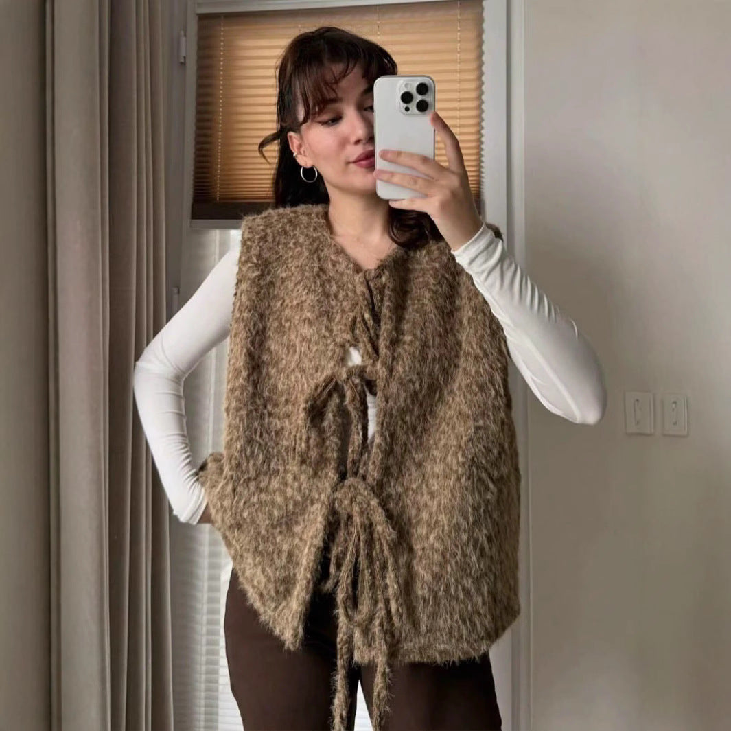 Damen elegante Strickweste mit dekorativen Schleifen R&B